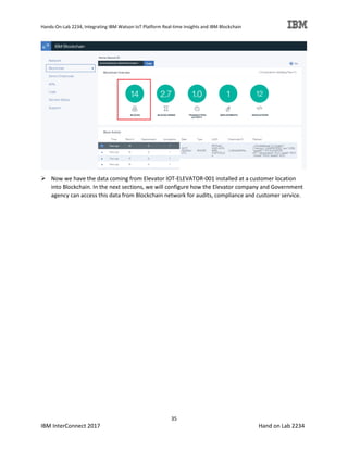 Hands-On-Lab 2234, Integrating IBM Watson IoT Platform Real-time Insights and IBM Blockchain
35
IBM InterConnect 2017 Hand on Lab 2234
Now we have the data coming from Elevator IOT-ELEVATOR-001 installed at a customer location
into Blockchain. In the next sections, we will configure how the Elevator company and Government
agency can access this data from Blockchain network for audits, compliance and customer service.
 