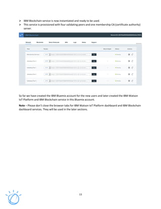 13
IBM Blockchain service is now instantiated and ready to be used.
This service is provisioned with four validating peers and one membership CA (certificate authority)
server.
So far we have created the IBM Bluemix account for the new users and later created the IBM Watson
IoT Platform and IBM Blockchain service in this Bluemix account.
Note – Please don’t close the browser tabs for IBM Watson IoT Platform dashboard and IBM Blockchain
dashboard services. They will be used in the later sections.
 