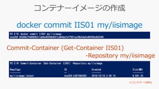 docker commit IIS01 my/iisimage
PS C:¥> docker commit IIS01 my/iisimage
sha256:56360b7548906d11dd4c80299d557cd84defaff651ac38b2da5c89200e4b5249
PS C:¥> Commit-Container (Get-Container IIS01) -Repository my/iisimage
RepoTags ID Created Size(MB)
-------- -- ------- --------
my/iisimage:latest sha256:b39736b562... 2016/10/18 2:36:14 8,641.23
 