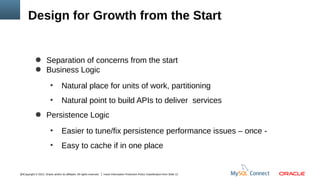 Design for Growth from the Start

● Separation of concerns from the start
● Business Logic
●

Natural place for units of work, partitioning

●

Natural point to build APIs to deliver services

● Persistence Logic
●

Easier to tune/fix persistence performance issues – once -

●

Easy to cache if in one place

14Copyright © 2012, Oracle and/or its affiliates. All rights reserved.

Insert Information Protection Policy Classification from Slide 12

 