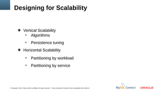 Designing for Scalability

● Vertical Scalability
●
Algorithms
●

Persistence tuning

● Horizontal Scalability
●

Partitioning by workload

●

Partitioning by service

7Copyright © 2012, Oracle and/or its affiliates. All rights reserved.

Insert Information Protection Policy Classification from Slide 12

 