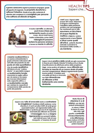 Health tips
Sapevi che...
Sapevi che la pratica dello scrub era già conosciuta
in Grecia ed in Medio Oriente? Si trattava di un rituale
di purificazione da effettuare prima della preghiera.
Oggi, come pratica di bellezza, viene utilizzata per
favorire la nascita di un nuovo strato di pelle,
nonché l’ossigenazione. Effettua regolarmente questa
buona pratica, il risultato sarà
una pelle più liscia e rinnovata,
ma non dimenticare
di utilizzare a fine
trattamento una crema
idratante.
I reni sono i Signori delle
acque del corpo: depurano
il sangue e mantengono
l’equilibrio della pressione
ematica nei vasi sanguigni.
Per mantenerli sani è utile
assumere un bicchiere
di acqua tiepida la
mattina a digiuno, sudare
regolarmente e bere tisane
o infusi come quelli
all’ortica, potente diuretico
naturale e previene la
formazione della renella, o
alla bardana.
Il grano saraceno regola la pressione sanguigna, grazie
all’apporto di magnesio. Ha proprietà diuretiche e
rafforza l’intestino. Grazie al suo alto contenuto di
vitamine del complesso B, è consigliato per persone
che soffrono di disturbi al fegato.
Il nostro cervello, se allenato,
può invecchiare più
lentamente rispetto al nostro
corpo. Alcuni studi hanno
inoltre evidenziato come certi
videogiochi possono
aiutare le persone anziane
a tenere la mente in attività.
L’esame audioemtrico è
un esame ambulatoriale in
grado di fornire indicazioni utili
sull’udito del paziente sia dal
punto di vista quantitativo
che da quello qualitativo.
All’interno di una “cabina
silente”, lo specialista esegue
un’audiometria tonale,
misurando la soglia uditiva
per via aerea e via ossea,
per ricevere informazioni
sulla capacità uditiva, e
un’audiometria vocale,
per valutare la capacità di
comprensione delle parole da
parte del paziente.
Sapevi che l’olio di avocado aiuta a contrastare
le smagliature? Contiene infatti sostanze come
vitamine A, D ed E ed oltre il 20% di acidi grassi
essenziali insaturi, veri rigeneratori della cute.
Abbinandolo a qualche goccia di oli vegetali o
essenziali (da utilizzare sia durante
il massaggio che in un bagno
rigenerante) ne aumenti l’effetto;
i più indicati sono l’olio di rosa
mosqueta e l’essenza di neroli.
Molto ricco di
vitamina C e di
luteina, uno dei più
potenti antiossidanti
in natura, il kiwi
fa bene al cuore,
alla vista, agli
sportivi, combatte
l’invecchiamento
e la stitichezza:
meno maturo è il frutto
e più forte sarà il suo
potere lassativo.
 