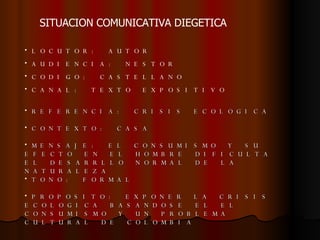 SITUACION COMUNICATIVA DIEGETICA LOCUTOR: AUTOR AUDIENCIA: NESTOR CODIGO: CASTELLANO CANAL: TEXTO EXPOSITIVO REFERENCIA: CRISIS ECOLOGICA CONTEXTO: CASA MENSAJE: EL CONSUMISMO Y SU EFECTO EN EL HOMBRE DIFICULTA EL DESARRLLO NORMAL DE LA NATURALEZA TONO: FORMAL PROPOSITO: EXPONER LA CRISIS ECOLOGICA BASANDOSE EL EL CONSUMISMO Y UN PROBLEMA CULTURAL DE COLOMBIA 