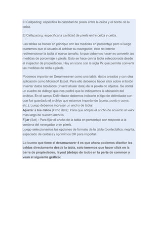 El Cellpading: especifica la cantidad de pixels entre la celda y el borde de la
celda.
El Cellspacing: especifica la cantidad de pixels entre celda y celda.
Las tablas se hacen en principio con las medidas en porcentaje pero si luego
queremos que el usuario al achicar su navegador, éste no intente
redimensionar la tabla al nuevo tamaño, lo que debemos hacer es convertir las
medidas de porcentaje a pixels. Esto se hace con la tabla seleccionada desde
el inspector de propiedades. Hay un icono con la sigla Px que permite convertir
las medidas de tabla a pixels.
Podemos importar en Dreamweaver como una tabla, datos creados y con otra
aplicación como Microsoft Excel. Para ello debemos hacer click sobre el botón
Insertar datos tabulados (Insert tabular data) de la paleta de objetos. Se abrirá
un cuadro de diálogo que nos pedirá que le indiquemos la ubicación del
archivo. En el campo Delimitador debemos indicarle el tipo de delimitador con
que fue guardado el archivo que estamos importando (coma, punto y coma,
etc.). Luego debemos ingresar un ancho de tabla:
Ajustar a los datos (Fit to data): Para que adopte el ancho de acuerdo al valor
mas largo de nuestro archivo.
Fijar (Set) : Para fijar el ancho de la tabla en porcentaje con respecto a la
ventana del navegador o en pixels.
Luego seleccionamos las opciones de formato de la tabla (borde,itálica, negrita,
espaciado de celdas) y oprimimos OK para importar.
Lo bueno que tiene el dreamweaver 4 es que ahora podemos diseñar las
celdas directamente desde la tabla, solo tenemos que hacer click en la
barra de propiedades, layout (debajo de todo) en la parte de common y
vean el siguiente gráfico:

 