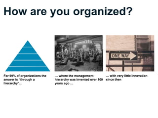 How are you organized?
For 99% of organizations the
answer is “through a
hierarchy”…
… where the management
hierarchy was invented over 100
years ago …
… with very little innovation
since then
 