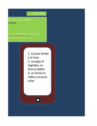 1. le puse fondo
a la hoja
2. se pego el
logotipo, se
hizo la tablet.
3. se formo la
tabla y se puso
color
 