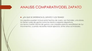 ANALISIS COMPARATIVODEL ZAPATO
 ¿EN QUE SE DIFERENCIA EL ZAPATO Y LOS TENNIS?
Los zapatos pueden incluso estar hechos de cuero, son formales, unicolores,
no tienen suela de goma como los tennis o zapatos deportivos.
Los tennis si están hecho de goma y son creados para la versatilidad de tus
movimientos, cuando necesites hacer ejercicio, entre otras actividades.
 