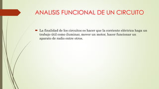 ANALISIS FUNCIONAL DE UN CIRCUITO
 La finalidad de los circuitos es hacer que la corriente eléctrica haga un
trabajo útil como iluminar, mover un motor, hacer funcionar un
aparato de radio entre otros.
 