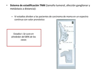• Sistema de estadificación TNM (tamaño tumoral, afección ganglionar y
metástasis a distancia):
– IV estadios dividen a las pacientes de carcinoma de mama en un espectro
continuo con valor pronóstico
Estadio I: Se cura en
alrededor del 80% de los
casos
 
