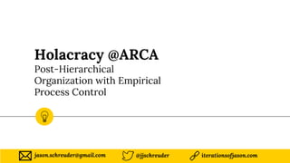 Holacracy @ARCA
Post-Hierarchical
Organization with Empirical
Process Control
@jjschreuder iterationsofjason.comjason.schreuder@gmail.com
 