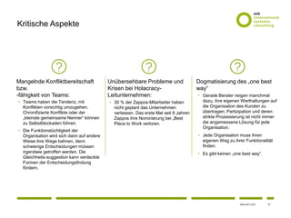 10www.osb-i.com
Kritische Aspekte
Mangelnde Konfliktbereitschaft
bzw.
-fähigkeit von Teams:
• Teams haben die Tendenz, mit
Konflikten vorsichtig umzugehen.
Chronifizierte Konflikte oder der
„kleinste gemeinsame Nenner“ können
zu Selbstblockaden führen.
• Die Funktionstüchtigkeit der
Organisation wird sich dann auf andere
Weise ihre Wege bahnen, denn
schwierige Entscheidungen müssen
irgendwie getroffen werden. Die
Gleichheits-suggestion kann verdeckte
Formen der Entscheidungsfindung
fördern.
Unübersehbare Probleme und
Krisen bei Holacracy-
Leitunternehmen:
• 30 % der Zappos-Mitarbeiter haben
nicht geplant das Unternehmen
verlassen. Das erste Mal seit 8 Jahren
Zappos ihre Nominierung bei „Best
Place to Work verloren.
Dogmatisierung des „one best
way“
• Gerade Berater neigen manchmal
dazu, ihre eigenen Werthaltungen auf
die Organisation des Kunden zu
übertragen. Partizipation und deren
strikte Prozessierung ist nicht immer
die angemessene Lösung für jede
Organisation.
• Jede Organisation muss ihren
eigenen Weg zu ihrer Funktionalität
finden.
• Es gibt keinen „one best way“.
 