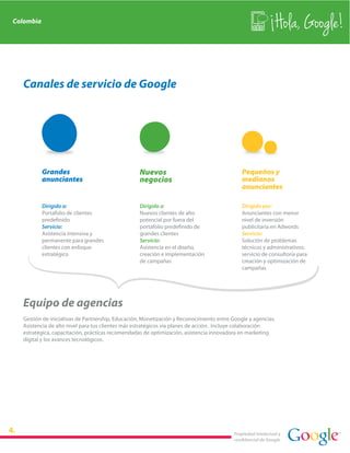 Colombia
                                                                                                             Hola, Google!

  Canales de servicio de Google




           Grandes                                Nuevos                                    Pequeños y
           anunciantes                            negocios                                  medianos
                                                                                            anunciantes

           Dirigido a:                            Dirigido a:                               Dirigido por:
           Portafolio de clientes                 Nuevos clientes de alto                   Anunciantes con menor
           predefinido                            potencial por fuera del                   nivel de inversión
           Servicio:                              portafolio predefinido de                 publicitaria en Adwords
           Asistencia intensiva y                 grandes clientes                          Servicio:
           permanente para grandes                Servicio:                                 Solución de problemas
           clientes con enfoque                   Asistencia en el diseño,                  técnicos y administrativos;
           estratégico                            creación e implementación                 servicio de consultoría para
                                                  de campañas                               creación y optimización de
                                                                                            campañas




  Equipo de agencias
  Gestión de iniciativas de Partnership, Educación, Monetización y Reconocimiento entre Google y agencias.
  Asistencia de alto nivel para tus clientes más estratégicos vía planes de acción. Incluye colaboración
  estratégica, capacitación, prácticas recomendadas de optimización, asistencia innovadora en marketing
  digital y los avances tecnológicos.




                                                                                         Propiedad intelectual y
                                                                                         confidencial de Google
 