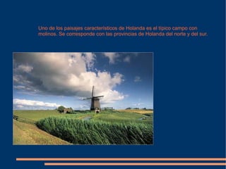 Uno de los paisajes característicos de Holanda es el típico campo con molinos. Se corresponde con las provincias de Holanda del norte y del sur. 