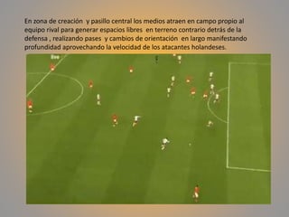 En zona de creación y pasillo central los medios atraen en campo propio al
equipo rival para generar espacios libres en terreno contrario detrás de la
defensa , realizando pases y cambios de orientación en largo manifestando
profundidad aprovechando la velocidad de los atacantes holandeses.
 