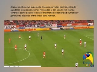 Ataque combinativo superando líneas con ayudas permanentes de
jugadores de posiciones más retrasadas y con Van Persie fijando
centrales como delantero centro mostrando superioridad numérica y
generando espacios entre líneas para Robben.
 