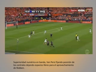 Superioridad numérica en banda, Van Persi fijando posición de
los centrales dejando espacios libres para el aprovechamiento
de Robben.
 