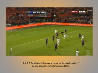 1-5-3-2 Repliegue intensivo y cierre de líneas de pase en
pasillo central acumulando jugadores.
 