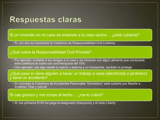 Si un incendio en mi casa se extiende a la casa vecina… ¿está cubierta?
 • Sí, por eso es importante la Cobertura de Responsabilidad Civil Linderos


¿Qué cubre la Responsabilidad Civil Privada?
 • Por ejemplo: invitaste a tus amigos a tu casa y se intoxican con algún alimento que compraste,
   esta cobertura te cubre con una franquicia del 10%.
 • Otro ejemplo: cae algo desde tu balcón y lastima a un transeúnte, también lo protege

¿Qué pasa si viene alguien a hacer un trabajo a casa (electricista o jardinero)
y tiene un accidente?
 • Si contratás la Cobertura de Accidentes Personales “Doméstico” está cubierto por Muerte e
   Invalidez Total y parcial

Si cae granizo y me rompe el techo… ¿me lo cubre?
 • Sí, los primeros $150 los paga el asegurado (franquicia) y el resto Liberty
 