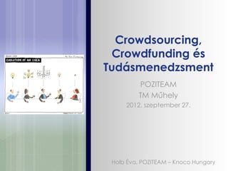Crowdsourcing,
  Crowdfunding és
Tudásmenedzsment
         POZITEAM
         TM Műhely
     2012. szeptember 27.




 Holb Éva, POZITEAM – Knoco Hungary
 
