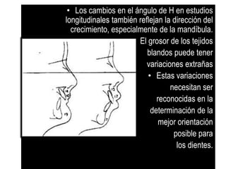 • Los cambios en el ángulo de H en estudios
longitudinales también reflejan la dirección del
  crecimiento, especialmente de la mandíbula.
                     • El grosor de los tejidos
                          blandos puede tener
                          variaciones extrañas
                          • Estas variaciones
                                  necesitan ser
                             reconocidas en la
                           determinación de la
                              mejor orientación
                                   posible para
                                    los dientes.
 