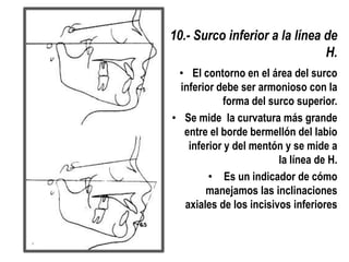 10.- Surco inferior a la línea de
                               H.
 • El contorno en el área del surco
  inferior debe ser armonioso con la
            forma del surco superior.
• Se mide la curvatura más grande
   entre el borde bermellón del labio
    inferior y del mentón y se mide a
                         la línea de H.
         • Es un indicador de cómo
        manejamos las inclinaciones
   axiales de los incisivos inferiores
 