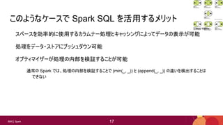 17
17IBM Spark 17
このようなケースで Spark SQL を活用するメリット
スペースを効率的に使用するカラムナー処理とキャッシングによってデータの表示が可能
処理をデータ・ストアにプッシュダウン可能
オプティマイザーが処理の内部を検証することが可能
通常の Spark では、処理の内部を検証することで (min(_, _)) と (append(_, _)) の違いを検出することは
できない
Matti Mattila
 