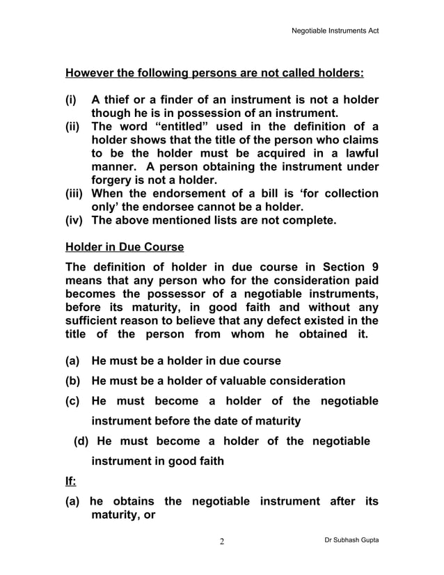 Holder & Holder In Due Course PDF