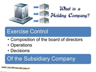 Exercise Control
• Composition of the board of directors
• Operations
• Decisions
Of the Subsidiary Company
 