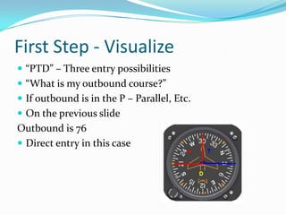 First Step - Visualize“PTD” – Three entry possibilities“What is my outbound course?”If outbound is in the P – Parallel, Etc.On the previous slideOutbound is 76Direct entry in this case