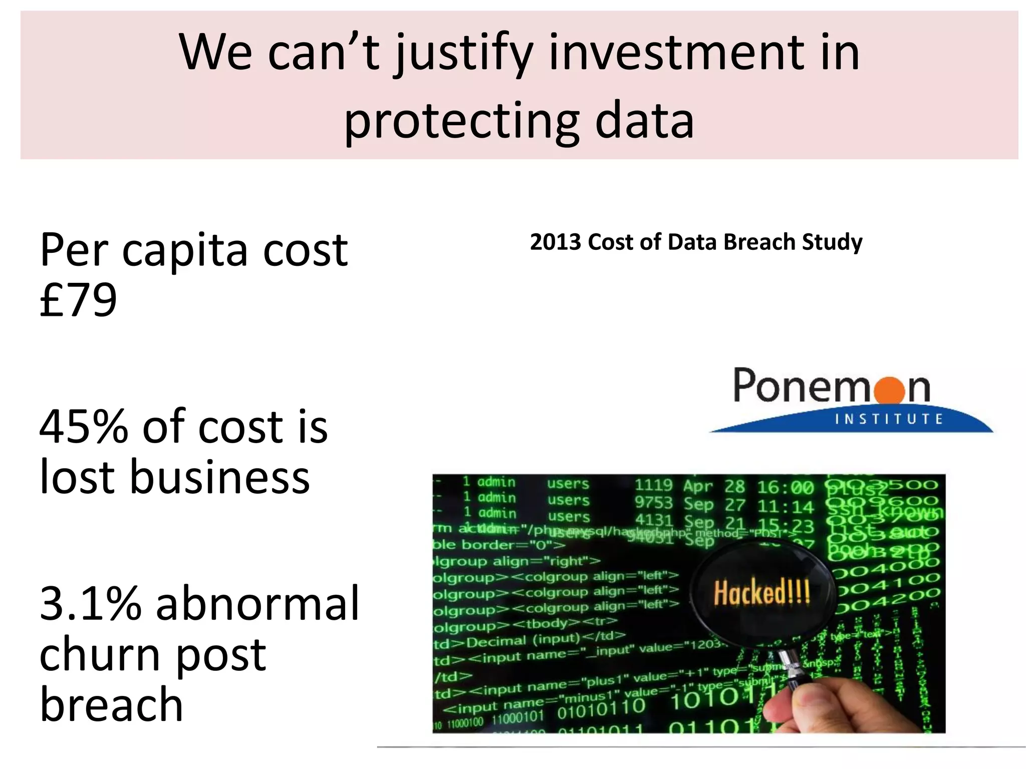 We can’t justify investment in
protecting data
Per capita cost
£79
45% of cost is
lost business

3.1% abnormal
churn post
breach

2013 Cost of Data Breach Study

 