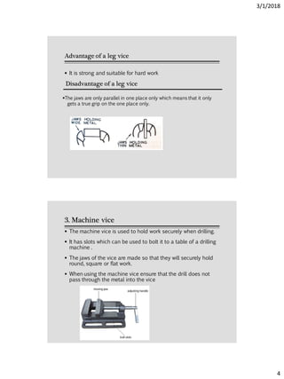 3/1/2018
4
Advantage of a leg vice
 It is strong and suitable for hard work
Disadvantage of a leg vice
The jaws are only parallel in one place only which means that it only
gets a true grip on the one place only.
3. Machine vice
 The machine vice is used to hold work securely when drilling.
 It has slots which can be used to bolt it to a table of a drilling
machine .
 The jaws of the vice are made so that they will securely hold
round, square or flat work.
 When using the machine vice ensure that the drill does not
pass through the metal into the vice
 