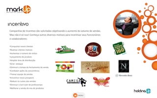 Campanhas de Incentivo são solicitadas objetivando o aumento do volume de vendas.
Mas não é só isso! Conheça outros diversos motivos para incentivar seus funcionários
e colaboradores:

•Conquistar novos clientes
•Reativar clientes inativos
•Aumentar o número de visitas
•Lançamento de produto
•Ampliar área de distribuição
•Girar estoque
•Diminuir o tempo do fechamento de venda
•Combater ações da concorrência
•Treinar equipe de vendas
•Encontrar novos prospects
•Reduzir os custos das vendas
•Diminuir o turn over de profissionais
•Melhorar a venda do mix de produtos


                                                               MENU
 