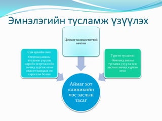 Эмнэлэгийн тусламж үзүүлэх
Аймаг хот
клиникийн
мэс заслын
тасаг
Сум өрхийн эмч:
Өвчтөнд анхны
тусламж үзүүлж
нарийн мэргэжлийн
эмчид хүргэж өгнө
өвдөлт намдаах эм
хэрэглэж болно
Цочмог холециститтэй
өвчтөн
Түргэн тусламж:
Өвчтөнд анхны
тусламж үзүүлж мэс
заслын эмчид хүргэж
өгнө
 