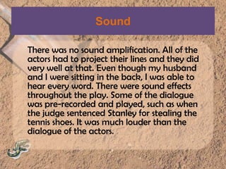 SoundThere was no sound amplification. All of the actors had to project their lines and they did very well at that. Even though my husband and I were sitting in the back, I was able to hear every word. There were sound effects throughout the play. Some of the dialogue was pre-recorded and played, such as when the judge sentenced Stanley for stealing the tennis shoes. It was much louder than the dialogue of the actors.
