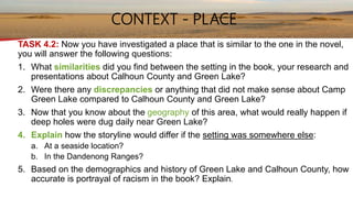 TASK 4.2: Now you have investigated a place that is similar to the one in the novel,
you will answer the following questions:
1. What similarities did you find between the setting in the book, your research and
presentations about Calhoun County and Green Lake?
2. Were there any discrepancies or anything that did not make sense about Camp
Green Lake compared to Calhoun County and Green Lake?
3. Now that you know about the geography of this area, what would really happen if
deep holes were dug daily near Green Lake?
4. Explain how the storyline would differ if the setting was somewhere else:
a. At a seaside location?
b. In the Dandenong Ranges?
5. Based on the demographics and history of Green Lake and Calhoun County, how
accurate is portrayal of racism in the book? Explain.
CONTEXT - PLACE
 