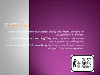 something somewhere in a careless untidy way: Merrill dumped her
                                         suitcase down in the hall.
 dump something on something They dump tons of salt on icy road
                                surfaces to make driving safer.
dump something in/into something He found a can of beef stew and
                                 dumped it in a saucepan to heat
 