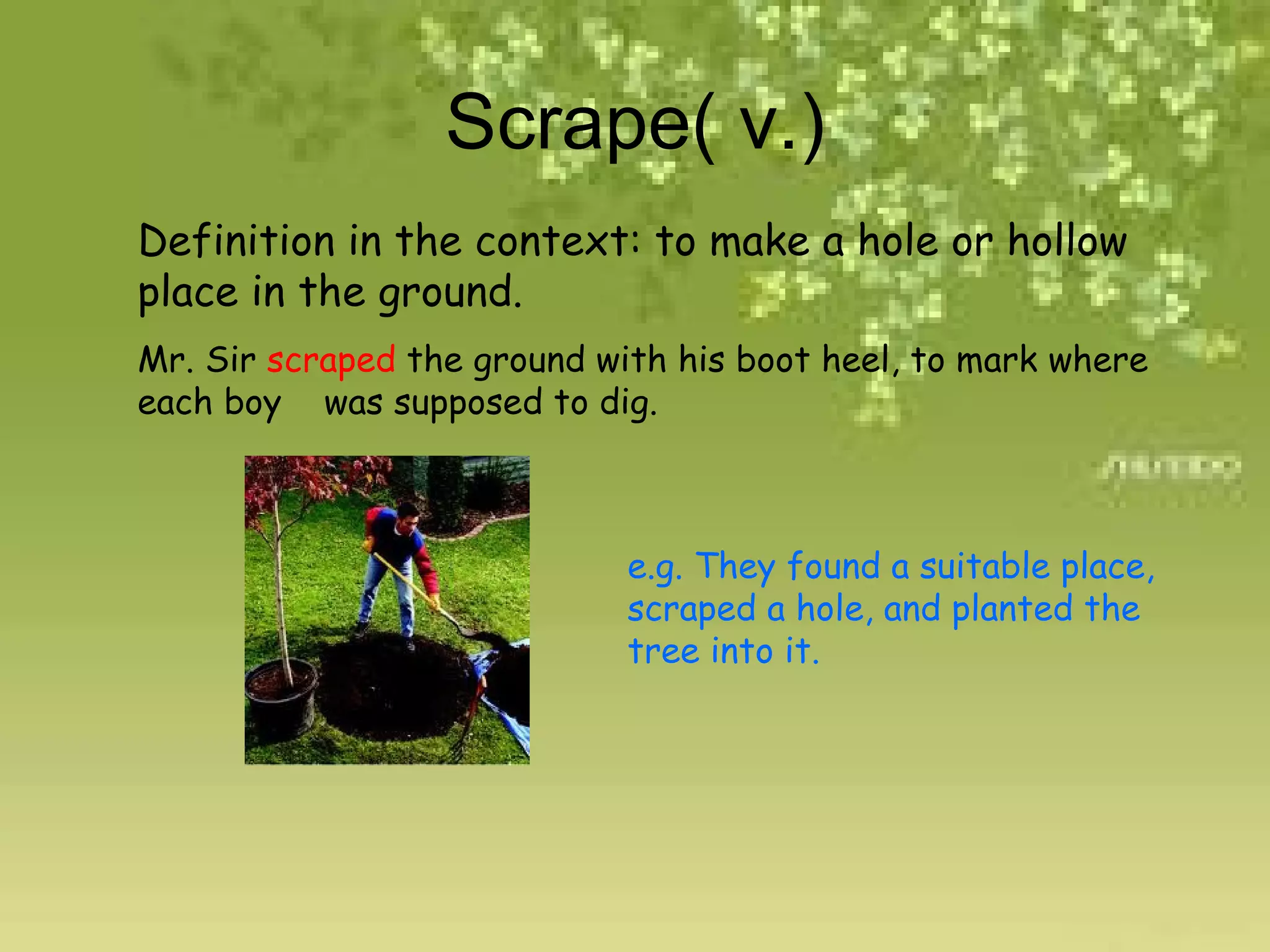 Scrape( v.) Definition in the context: to make a hole or hollow place in the ground. Mr. Sir  scraped  the ground with his boot heel, to mark where each boy  was supposed to dig. e.g. They found a suitable place, scraped a hole, and planted the tree into it. 