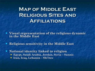 Map of Middle East Religious Sites and Affiliations Visual representation of the religious dynamic in the Middle East Religious sensitivity in the Middle East National identity linked to religion  Egypt, Saudi Arabia, Jordan, Syria – Sunnis Iran, Iraq, Lebanon – Shi’ites 
