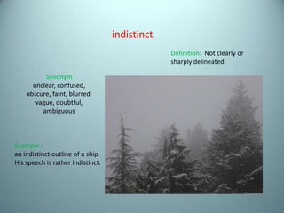 indistinct
                                                Definition: Not clearly or
                                    ...