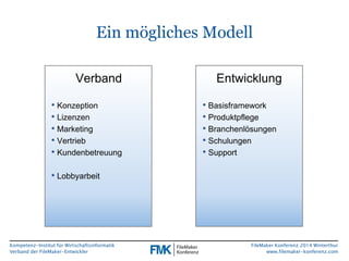 Kompetenz-Institut für Wirtschaftsinformatik 
Verband der FileMaker-Entwickler 
FileMaker Konferenz 2014 Winterthur 
www.filemaker-konferenz.com 
Ein mögliches Modell 
Verband Entwicklung 
• Konzeption 
• Lizenzen 
• Marketing 
• Vertrieb 
• Kundenbetreuung 
• Lobbyarbeit 
• Basisframework 
• Produktpflege 
• Branchenlösungen 
• Schulungen 
• Support 
 