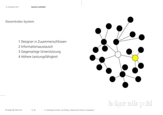 16. November 2010	        Systeme verbinden	




Dezentrales System




                 1 Designer in Zusammenschlüssen
                 2 Informationsaustausch
                 3 Gegenseitige Unterstützung
                 4 Höhere Leistungsfähigkeit




© Holger Nils Pohl 2010   1 0 .28        13. KölnDesign Gründer- und Profitag „Designzukunft denken und gestalten“
 