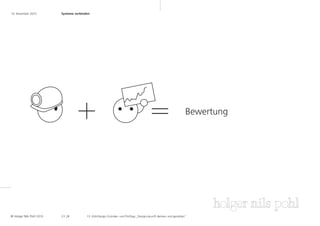 16. November 2010	        Systeme verbinden	




                                                                                                                 Bewertung




© Holger Nils Pohl 2010   2 3 .28        13. KölnDesign Gründer- und Profitag „Designzukunft denken und gestalten“
 