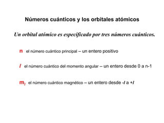 Números cuánticos y los orbitales atómicos

Un orbital atómico es específicado por tres números cuánticos.


  n    el número cuántico principal – un entero positivo


  l   el número cuántico del momento angular – un entero desde 0 a n-1



  ml    el número cuántico magnético – un entero desde -l a +l
 