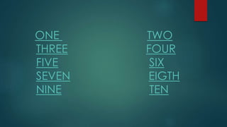 ONE TWO
THREE FOUR
FIVE SIX
SEVEN EIGTH
NINE TEN