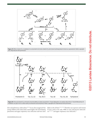 ©2013LandesBioscience.Donotdistribute.
www.landesbioscience.com	Dermato-Endocrinology	 63
likely to die of them.8,14,115,116
Therefore sun exposure and vitamin
D were used in the early 1900s to treat and prevent tuberculo-
sis113,114,117
and upper respiratory tract infections.72
skin and pulmonary tuberculosis.69,114
It was also recognized that
young children with rickets had a much higher risk of developing
pneumonia and upper respiratory tract infections and were more
Figure 19. When vitamin D3
is irradiated, it is converted to 5,6-trans-vitamin D3
and at least 6 photoproducts known as suprasterols. Holick, copyright
2013. Reproduced with permission.
Figure 20. Once previtamin D3
is formed, it has the ability to rotate around the 6–7 bond. Relaxation via rotation about the 6–7 bond followed by UV
irradiation can give rise to a wide variety of toxisterols and tachysterol. Holick, copyright 2013. Reproduced with permission.
 