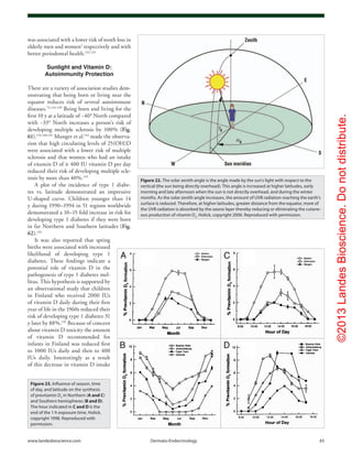 ©2013LandesBioscience.Donotdistribute.
www.landesbioscience.com	Dermato-Endocrinology	 65
was associated with a lower risk of tooth loss in
elderly men and women1
respectively and with
better periodontal health.132,133
Sunlight and Vitamin D:
Autoimmunity Protection
There are a variety of association studies dem-
onstrating that being born or living near the
equator reduces risk of several autoimmune
diseases.73,134-139
Being born and living for the
first 10 y at a latitude of ~40° North compared
with ~33° North increases a person’s risk of
developing multiple sclerosis by 100% (Fig.
61).134,140,141
Munger et al.142
made the observa-
tion that high circulating levels of 25(OH)D
were associated with a lower risk of multiple
sclerosis and that women who had an intake
of vitamin D of ≥ 400 IU vitamin D per day
reduced their risk of developing multiple scle-
rosis by more than 40%.143
A plot of the incidence of type 1 diabe-
tes vs. latitude demonstrated an impressive
U-shaped curve. Children younger than 14
y during 1990–1994 in 51 regions worldwide
demonstrated a 10–15 fold increase in risk for
developing type 1 diabetes if they were born
in far Northern and Southern latitudes (Fig.
62).144
It was also reported that spring
births were associated with increased
likelihood of developing type 1
diabetes. These findings indicate a
potential role of vitamin D in the
pathogenesis of type 1 diabetes mel-
litus. This hypothesis is supported by
an observational study that children
in Finland who received 2000 IUs
of vitamin D daily during their first
year of life in the 1960s reduced their
risk of developing type 1 diabetes 31
y later by 88%.145
Because of concern
about vitamin D toxicity the amount
of vitamin D recommended for
infants in Finland was reduced first
to 1000 IUs daily and then to 400
IUs daily. Interestingly as a result
of this decrease in vitamin D intake
Figure 22. The solar zenith angle is the angle made by the sun’s light with respect to the
vertical (the sun being directly overhead). This angle is increased at higher latitudes, early
morning and late afternoon when the sun is not directly overhead, and during the winter
months. As the solar zenith angle increases, the amount of UVB radiation reaching the earth’s
surface is reduced. Therefore, at higher latitudes, greater distance from the equator, more of
the UVB radiation is absorbed by the ozone layer thereby reducing or eliminating the cutane-
ous production of vitamin D3
. Holick, copyright 2006. Reproduced with permission.
Figure 23. Influence of season, time
of day, and latitude on the synthesis
of previtamin D3
in Northern (A and C)
and Southern hemispheres (B and D).
The hour indicated in C and D is the
end of the 1 h exposure time. Holick,
copyright 1998. Reproduced with
permission.
 