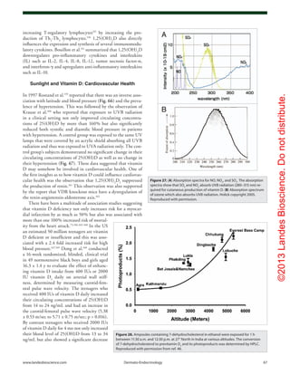 ©2013LandesBioscience.Donotdistribute.
www.landesbioscience.com	Dermato-Endocrinology	 67
increasing T-regulatory lymphocytes155
by increasing the pro-
duction of Th2
-Th3
lymphocytes.156
1,25(OH)2
D also directly
influences the expression and synthesis of several immunomodu-
latory cytokines. Bouillon et al.151
summarized that 1,25(OH)2
D
downregulates pro-inflammatory cytokines and interleukins
(IL) such as IL-2, IL-4, IL-8, IL-12, tumor necrosis factor-α,
and interferon-γ and upregulates anti-inflammatory interleukins
such as IL-10.
Sunlight and Vitamin D: Cardiovascular Health
In 1997 Rostand et al.159
reported that there was an inverse asso-
ciation with latitude and blood pressure (Fig. 66) and the preva-
lence of hypertension. This was followed by the observation of
Krause et al.160
who reported that exposure to UVB radiation
in a clinical setting not only improved circulating concentra-
tions of 25(OH)D by more than 160% but also significantly
reduced both systolic and diastolic blood pressure in patients
with hypertension. A control group was exposed to the same UV
lamps that were covered by an acrylic shield absorbing all UVB
radiation and thus was exposed to UVA radiation only. The con-
trol group’s subjects demonstrated no significant change in their
circulating concentrations of 25(OH)D as well as no change in
their hypertension (Fig. 67). These data suggested that vitamin
D may somehow be involved in cardiovascular health. One of
the first insights as to how vitamin D could influence cardiovas-
cular health was the observation that 1,25(OH)2
D3
suppressed
the production of renin.161
This observation was also supported
by the report that VDR knockout mice have a dysregulation of
the renin-angiotensin-aldosterone axis.162
There have been a multitude of association studies suggesting
that vitamin D deficiency not only increases risk for a myocar-
dial infarction by as much as 50% but also was associated with
more than one 100% increased risk of mortal-
ity from the heart attack.73,106,163-168
In the US
an estimated 50 million teenagers are vitamin
D deficient or insufficient and this was asso-
ciated with a 2.4 fold increased risk for high
blood pressure.167,169
Dong et al.168
conducted
a 16-week randomized, blinded, clinical trial
in 49 normotensive black boys and girls aged
16.3 ± 1.4 y to evaluate the effect of enhanc-
ing vitamin D intake from 400 IUs or 2000
IU vitamin D3
daily on arterial wall stiff-
ness, determined by measuring carotid-fem-
oral pulse wave velocity. The teenagers who
received 400 IUs of vitamin D daily increased
their circulating concentrations of 25(OH)D
from 14 to 24 ng/mL and had an increase in
the carotid-femoral pulse wave velocity (5.38
± 0.53 m/sec to 5.71 ± 0.75 m/sec; p = 0.016).
By contrast teenagers who received 2000 IUs
of vitamin D daily for 4 mo not only increased
their blood level of 25(OH)D from 13 to 34
ng/mL but also showed a significant decrease
Figure 27. (A) Absorption spectra for NO, NO2
, and SO2
. The absorption
spectra show that SO2
and NO2
absorb UVB radiation (280–315 nm) re-
quired for cutaneous production of vitamin D. (B) Absorption spectrum
of ozone which also absorbs UVB radiation. Holick copyright 2005.
Reproduced with permission.
Figure 28. Ampoules containing 7-dehydrocholesterol in ethanol were exposed for 1 h
between 11:30 a.m. and 12:30 p.m. at 27° North in India at various altitudes. The conversion
of 7-dehydrocholesterol to previtamin D3
and its photoproducts was determined by HPLC.
Reproduced with permission from ref. 46.
 