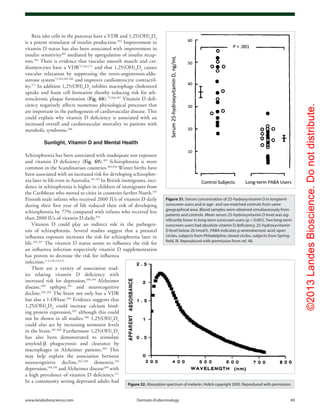 ©2013LandesBioscience.Donotdistribute.
www.landesbioscience.com	Dermato-Endocrinology	 69
Beta islet cells in the pancreas have a VDR and 1,25(OH)2
D3
is a potent stimulator of insulin production.182
Improvement in
vitamin D status has also been associated with improvement in
insulin sensitivity183
mediated by upregulation of insulin recep-
tors.184
There is evidence that vascular smooth muscle and car-
diomyocytes have a VDR73,166,171
and that 1,25(OH)2
D3
causes
vascular relaxation by suppressing the renin-angiotensin-aldo-
sterone system73,163,185,186
and improves cardiomyocyte contractil-
ity.171
In addition 1,25(OH)2
D3
inhibits macrophage cholesterol
uptake and foam cell formation thereby reducing risk for ath-
erosclerotic plaque formation (Fig. 68).73,166,187
Vitamin D defi-
ciency negatively affects numerous physiological processes that
are important in the pathogenesis of cardiovascular disease. This
could explain why vitamin D deficiency is associated with an
increased overall and cardiovascular mortality in patients with
metabolic syndrome.188
Sunlight, Vitamin D and Mental Health
Schizophrenia has been associated with inadequate sun exposure
and vitamin D deficiency (Fig. 69).189
Schizophrenia is more
common in the Scandinavian countries.189,190
Winter births have
been associated with an increased risk for developing schizophre-
nia later in life even in Australia.191,192
In British immigrants, inci-
dence in schizophrenia is higher in children of immigrants from
the Caribbean who moved to cities in countries farther North.193
Finnish male infants who received 2000 IUs of vitamin D daily
during their first year of life reduced their risk of developing
schizophrenia by 77% compared with infants who received less
than 2000 IUs of vitamin D daily.194
Vitamin D could play an indirect role in the pathogen-
esis of schizophrenia. Several studies suggest that a prenatal
influenza exposure increases the risk for schizophrenia later in
life.195-197
The vitamin D status seems to influence the risk for
an influenza infection respectively vitamin D supplementation
has proven to decrease the risk for influenza
infection.2-4,118,119,121
There are a variety of association stud-
ies relating vitamin D deficiency with
increased risk for depression,198,199
Alzheimer
disease,200
epilepsy,201
and neurocognitive
decline.202,203
The brain not only has a VDR
but also a 1-OHase.204
Evidence suggests that
1,25(OH)2
D3
could increase calcium bind-
ing protein expression,205
although this could
not be shown in all studies.206
1,25(OH)2
D3
could also act by increasing serotonin levels
in the brain.207,208
Furthermore 1,25(OH)2
D3
has also been demonstrated to stimulate
amyloid-β phagocytosis and clearance by
macrophages in Alzheimer patients.209
This
may help explain the association between
neurocognitive decline,202,203
dementia,210
depression,198,199
and Alzheimer disease200
with
a high prevalence of vitamin D deficiency.211
In a community setting depressed adults had
Figure 31. Serum concentration of 25-hydroxyvitamin D in longterm
sunscreen users and in age- and sex-matched controls from same
geographical area. Blood samples were obtained simultaneously from
patients and controls. Mean serum 25-hydroxyvitamin D level was sig-
nificantly lower in long-term sunscreen users (p < 0.001). Two long-term
sunscreen users had absolute vitamin D deficiency, 25-hydroxyvitamin
D level below 20 nmol/L. PABA indicates p-aminobenzoic acid; open
circles, subjects from Philadelphia; closed circles, subjects from Spring-
field, III. Reproduced with permission from ref. 48.
Figure 32. Absorption spectrum of melanin. Holick copyright 2005. Reproduced with permission.
 