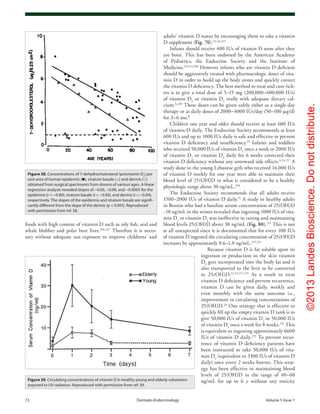©2013LandesBioscience.Donotdistribute.
72	 Dermato-Endocrinology	Volume 5 Issue 1
adults’ vitamin D status by encouraging them to take a vitamin
D supplement (Fig. 70).22,24,213
Infants should receive 400 IUs of vitamin D soon after they
are born. This has been endorsed by the American Academy
of Pediatrics, the Endocrine Society and the Institute of
Medicine.24,213,248
However infants who are vitamin D deficient
should be aggressively treated with pharmacologic doses of vita-
min D in order to build up the body stores and quickly correct
the vitamin D deficiency. The best method to treat and cure rick-
ets is to give a total dose of 5–15 mg (200,000–600,000 IUs)
of vitamin D2
or vitamin D3
orally with adequate dietary cal-
cium.8,249
These doses can be given safely either as a single-day
therapy or as daily doses of 2000–4000 IUs/day (50–100 μg/d)
for 3–6 mo.8
Children one year and older should receive at least 600 IUs
of vitamin D daily. The Endocrine Society recommends at least
600 IUs and up to 1000 IUs daily is safe and effective to prevent
vitamin D deficiency and insufficiency.24
Infants and toddlers
who received 50,000 IUs of vitamin D2
once a week or 2000 IUs
of vitamin D2
or vitamin D3
daily for 6 weeks corrected their
vitamin D deficiency without any untoward side effects.8,24,217
A
study done in the young Lebanese girls who received 14,000 IUs
of vitamin D weekly for one year were able to maintain their
blood level of 25(OH)D in what is considered to be a healthy
physiologic range above 30 ng/mL.250
The Endocrine Society recommends that all adults receive
1500–2000 IUs of vitamin D daily.15
A study in healthy adults
in Boston who had a baseline serum concentration of 25(OH)D
~18 ng/mL in the winter revealed that ingesting 1000 IUs of vita-
min D2
or vitamin D3
was ineffective in raising and maintaining
blood levels 25(OH)D above 30 ng/mL (Fig. 80).215
This is not
at all unexpected since it is documented that for every 100 IUs
of vitamin D ingested the circulating concentration of 25(OH)D
increases by approximately 0.6–1.0 ng/mL.215,251
Because vitamin D is fat soluble upon its
ingestion or production in the skin vitamin
D3
gets incorporated into the body fat and is
also transported to the liver to be converted
to 25(OH)D.22,73,171-174
As a result to treat
vitamin D deficiency and prevent recurrence,
vitamin D can be given daily, weekly and
even monthly with the same outcome i.e.,
improvement in circulating concentrations of
25(OH)D.24
One strategy that is effective to
quickly fill up the empty vitamin D tank is to
give 50,000 IUs of vitamin D2
or 50,000 IUs
of vitamin D3
once a week for 8 weeks.252
This
is equivalent to ingesting approximately 6600
IUs of vitamin D daily.253
To prevent recur-
rence of vitamin D deficiency patients have
been instructed to take 50,000 IUs of vita-
min D2
(equivalent to 3300 IUs of vitamin D
daily) once every 2 weeks forever. This strat-
egy has been effective in maintaining blood
levels of 25(OH)D in the range of 40–60
ng/mL for up to 6 y without any toxicity
foods with high content of vitamin D such as oily fish, seal and
whale blubber and polar bear liver.246,247
Therefore it is neces-
sary without adequate sun exposure to improve childrens’ and
Figure 38. Concentrations of 7-dehydrocholesterol (provitamin D3
) per
unit area of human epidermis (●), stratum basale (△) and dermis (○)
obtained from surgical speciments from donors of various ages. A linear
regression analysis revealed slopes of −0.05, −0.06, and −0.0005 for the
epidermis (r = −0.89), stratum basale (r = −0.92), and dermis (r = −0.04),
respectively. The slopes of the epidermis and stratum basale are signifi-
cantly different from the slope of the dermis (p < 0.001). Reproduced
with permission from ref. 58.
Figure 39. Circulating concentrations of vitamin D in healthy young and elderly volunteers
exposed to UV radiation. Reproduced with permission from ref. 59.
 