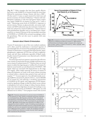 ©2013LandesBioscience.Donotdistribute.
www.landesbioscience.com	Dermato-Endocrinology	 73
(Fig. 81).253
Other strategies that have been equally effective
have been to take 50,000 IUs of vitamin D daily for several days
followed by maintenance therapy. Patients who have a BMI >
30 often need 3–5 times as much vitamin D to both treat and
prevent recurrence of vitamin D deficiency.24
Patients with mal-
absorption syndromes or who have had gastric bypass surgery
may require 50,000 IUs of vitamin D at least up to 7 times a
week.22
Monitoring serum levels of 25(OH)D is important to
prevent toxicity. Patients on glucocorticoids, anti-seizure medi-
cations and AIDS medications may also need more vitamin D to
both treat and prevent vitamin D deficiency.22
Patients however
with granulomatous disorders such as sarcoidosis have a hyper-
sensitivity to vitamin D because of the uncontrolled conversion
of 25(OH)D to 1,25(OH)2
D by activated macrophages within
the granulomas. This can also occur in patients with some
lymphomas.22,24
Concern about Vitamin D Intoxication
Vitamin D intoxication is one of the rarest medical conditions
and is often caused by inadvertent or intentional ingestion of
extremely high doses of vitamin D for prolonged periods of time.
Vitamin D intoxication is associated with hypercalcemia, hyper-
phosphatemia, suppression of PTH that can lead to nephrocal-
cinosis and soft tissue calcification especially of blood vessels.
Usually vitamin D intoxication is not observed until a 25(OH)
D > 200 ng/mL.254-256
No matter how much sun exposure a person has this will never
cause vitamin D intoxication because sunlight itself destroys any
excess vitamin D and previtamin D.256
However there are several
reports in adults that ingesting up to 1 million IUs of vitamin D3
daily for several months can raise blood levels of 25(OH)D > 500
ng/mL which was associated with hypercalcemia in the range
of 15 mg/dL. Often simply removing all sources of vitamin D
along with hydration can result in the serum calcium returning
to normal within a relatively short period of time and with no
sequelae.254-257
A recent report of a 3 mo old inadvertently receiv-
ing 14,000 IUs of vitamin D3
daily for 20 d (i.e., total of 280,000
IUs of vitamin D3
) and achieving a circulating concentration
of 25(OH)D of 425 ng/mL with suppression of PTH demon-
strated no significant change in either the infant’s serum calcium
or phosphorus level and no change in kidney function demon-
strates that short-term high doses of vitamin D resulting in very
high serum concentrations of 25(OH)D > 400 ng/mL was well
tolerated even in infants.258
Even pregnant women who received
Figure 40. Comparison of serum vitamin D3
levels after a whole-body
exposure (in a bathing suit; bikini for women) to 1 MED (minimal
erythemal dose) of simulated sunlight compared with a single oral
dose of either 10,000 or 25,000 IU of vitamin D2
. Holick, copyright 2004.
Reproduced with permission.
Figure 41. Production of previtamin D3
and serum level of 25(OH)D af-
ter the exposure of 7-DHC solution in ampoules and human volunteers
to a tanning bed lamp. (A) Ampoules containing 7-DHC were placed
and exposed to a tanning bed lamp. At various times, an ampoule was
removed and the conversion of 7-DHC to previtamin D3
was measured
by HPLC. (B) Healthy young adults were exposed to 0.75 MED in a tan-
ning bed three times a week for 7 weeks. Circulating concentrations of
25(OH)D were determined at baseline and once a week thereafter. (C) A
healthy 76-y-old man was exposed to tanning bed radiation equivalent
to 0.75 MED three times a week for 7 weeks. His circulating concentra-
tions of 25(OH)D were obtained at weekly intervals. Holick copyright
2007, reproduced with permission.
 